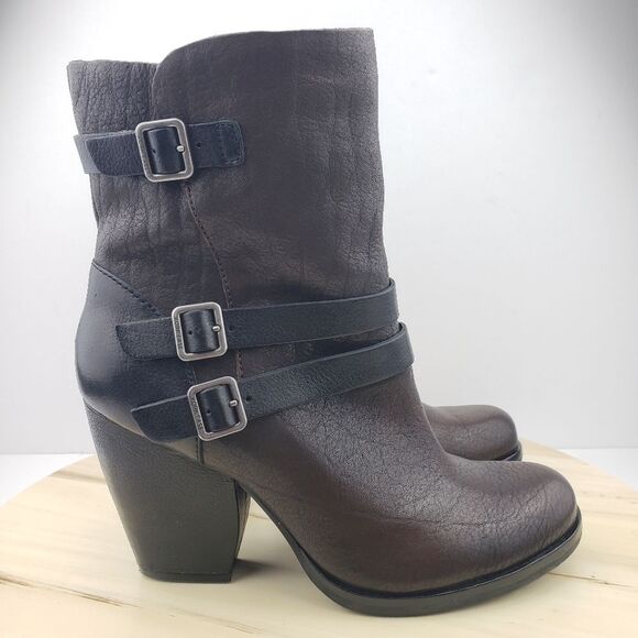 KORK EASE Boots Sz 8M Mid Calf Brown Leather Strappy Buckle Heeled Moto Western - Picture 5 of 12